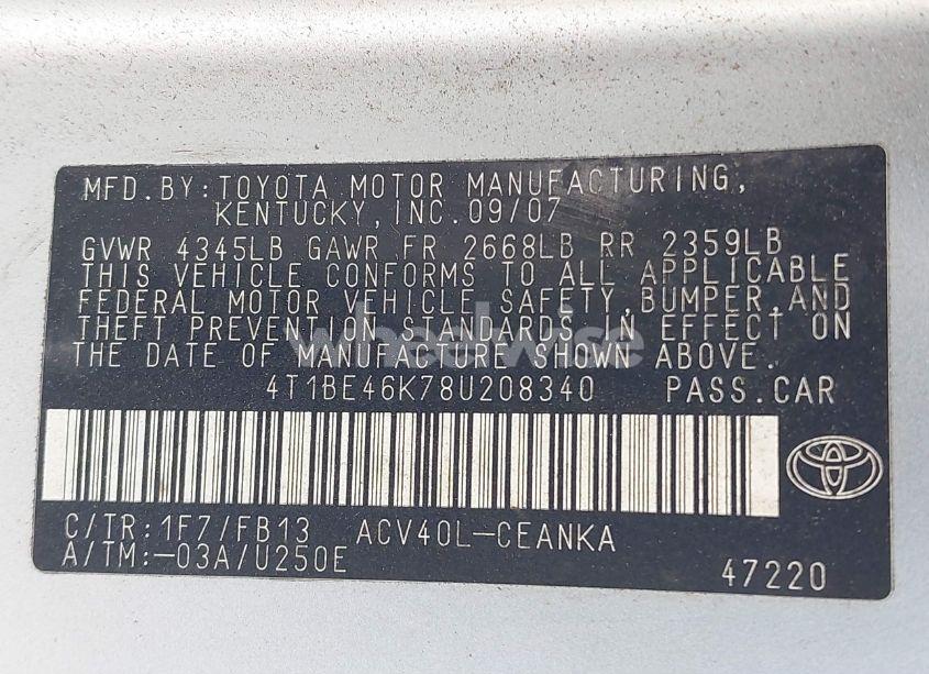 Photo 9 of 2008 Toyota Camry LE (VIN 4T1BE46K78U208340)
