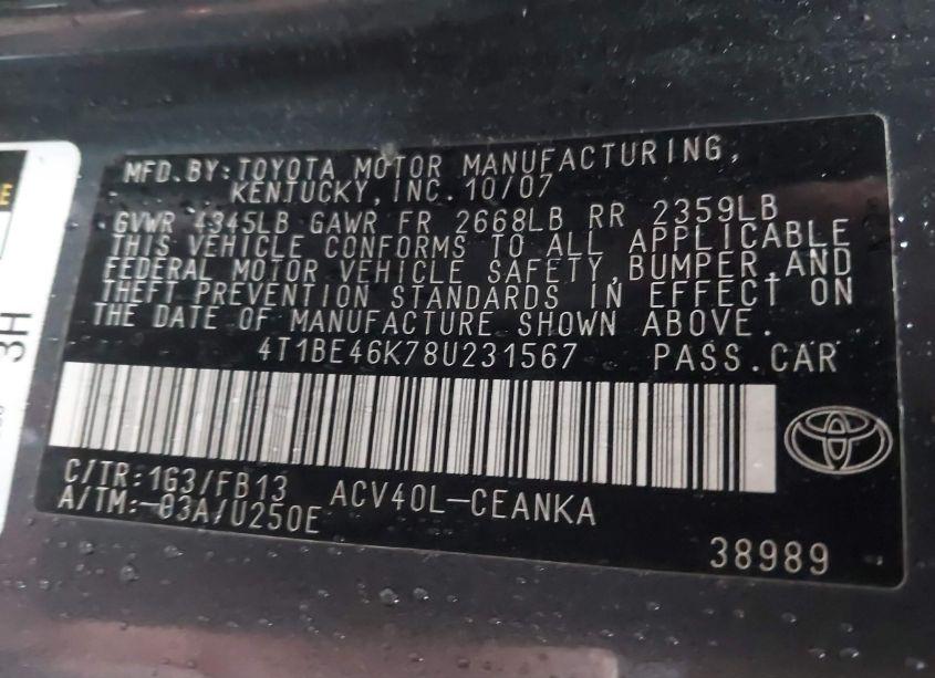 Photo 9 of 2008 Toyota Camry LE (VIN 4T1BE46K78U231567)