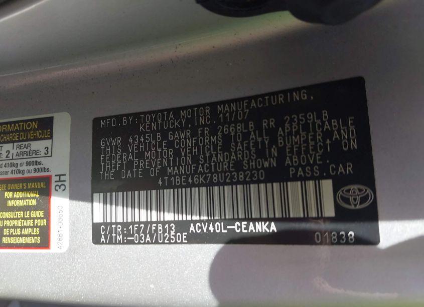 Photo 9 of 2008 Toyota Camry LE (VIN 4T1BE46K78U238230)