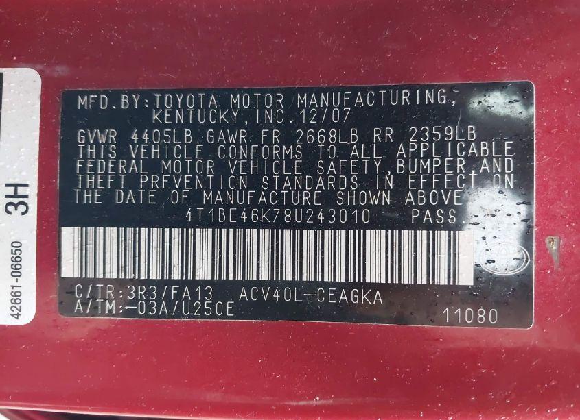 Photo 9 of 2008 Toyota Camry XLE (VIN 4T1BE46K78U243010)