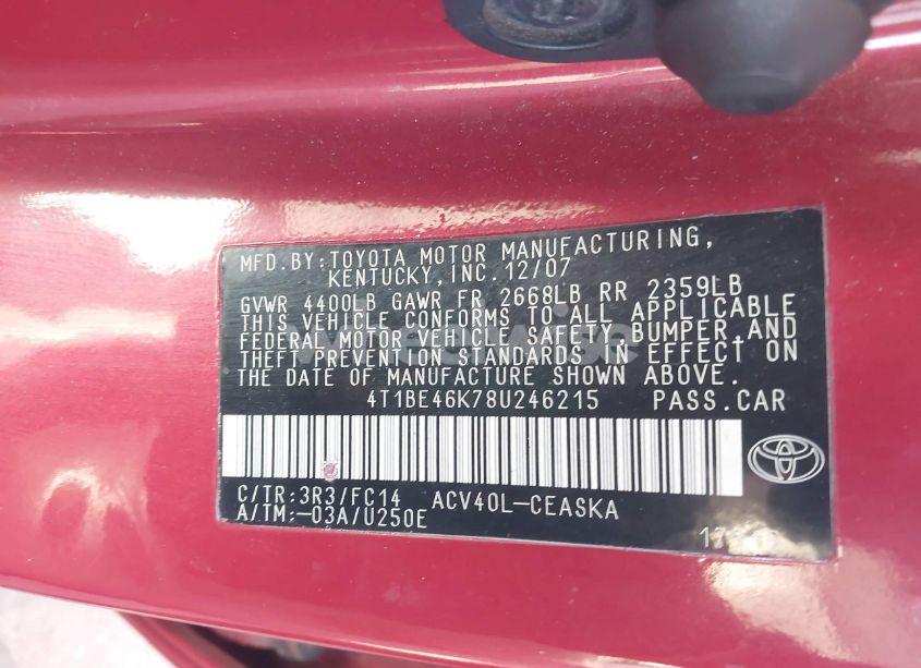 Photo 9 of 2008 Toyota Camry SE (VIN 4T1BE46K78U246215)