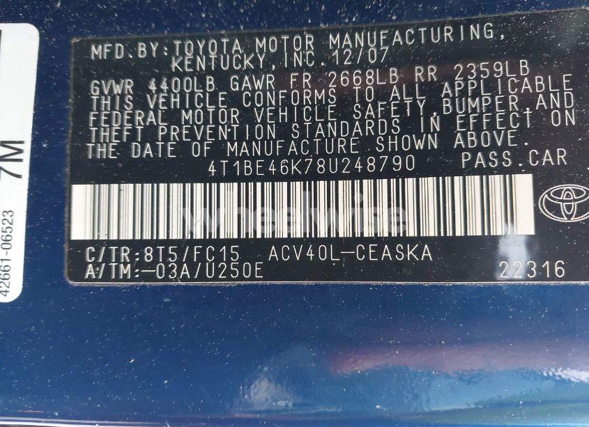 Photo 9 of 2008 Toyota Camry SE (VIN 4T1BE46K78U248790)