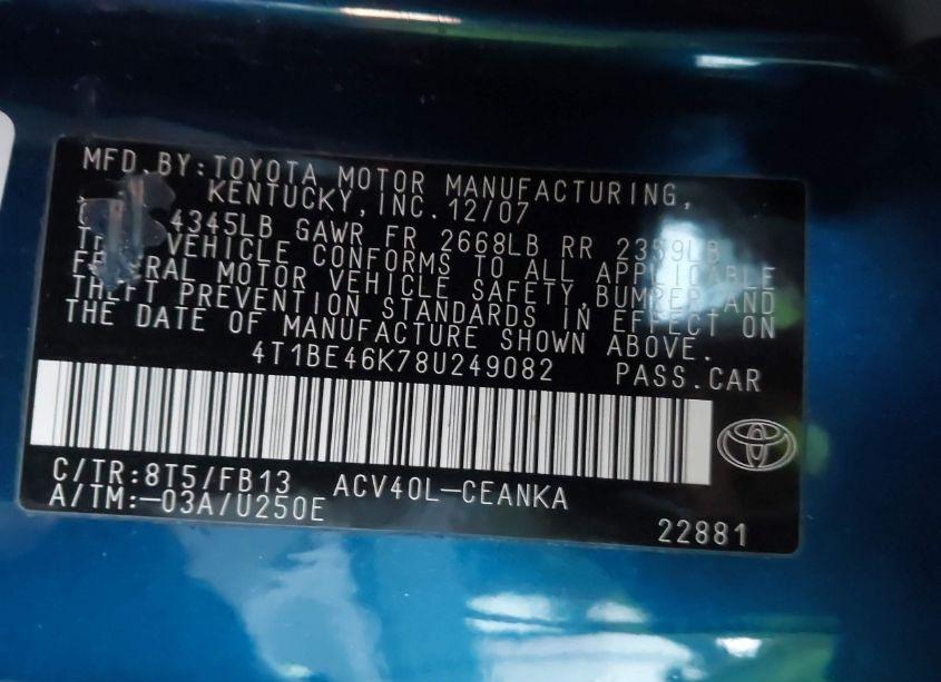 Photo 9 of 2008 Toyota Camry LE (VIN 4T1BE46K78U249082)
