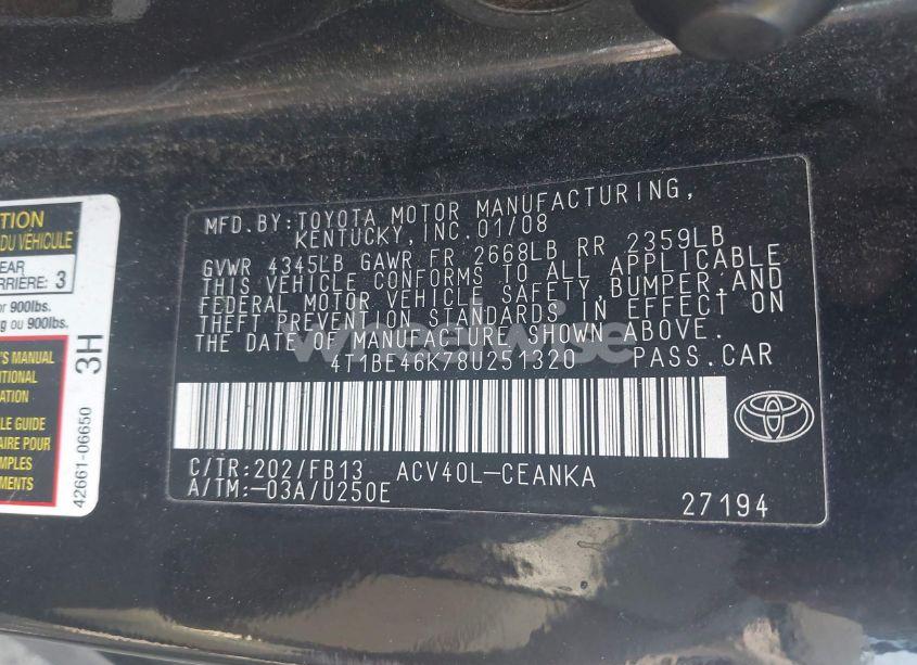 Photo 9 of 2008 Toyota Camry LE (VIN 4T1BE46K78U251320)