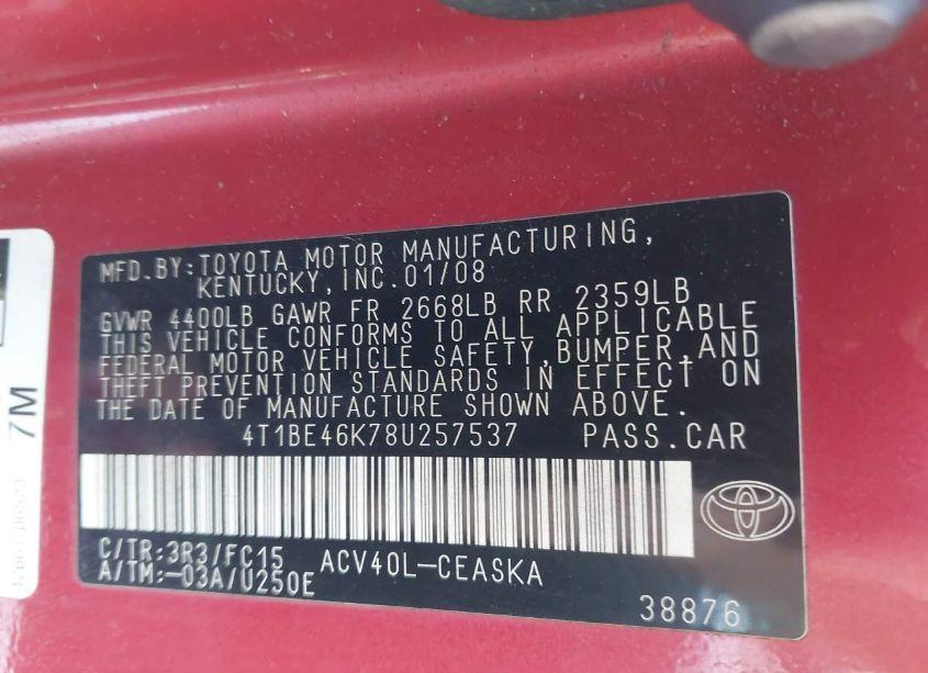 Photo 9 of 2008 Toyota Camry SE (VIN 4T1BE46K78U257537)