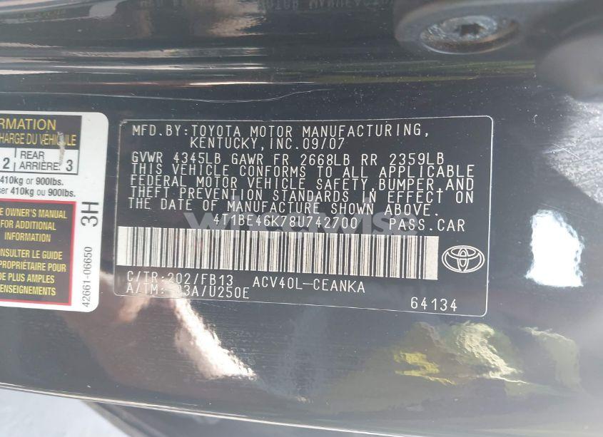 Photo 9 of 2008 Toyota Camry LE (VIN 4T1BE46K78U742700)