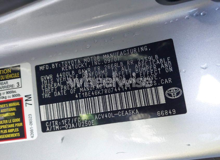 Photo 9 of 2008 Toyota Camry SE (VIN 4T1BE46K78U744141)