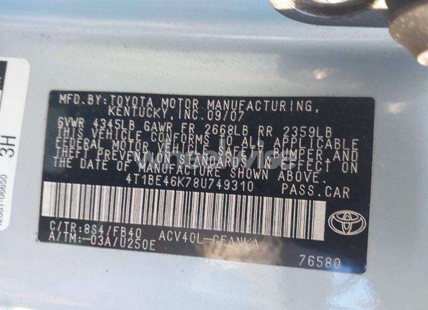 Photo 9 of 2008 Toyota Camry LE (VIN 4T1BE46K78U749310)