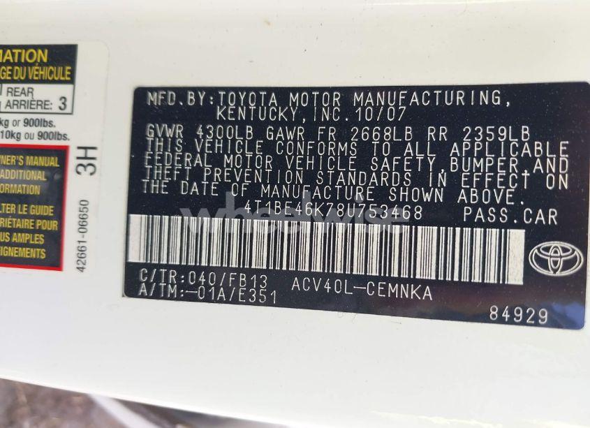 Photo 9 of 2008 Toyota Camry (VIN 4T1BE46K78U753468)