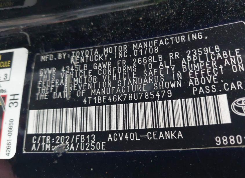 Photo 9 of 2008 Toyota Camry LE (VIN 4T1BE46K78U785479)