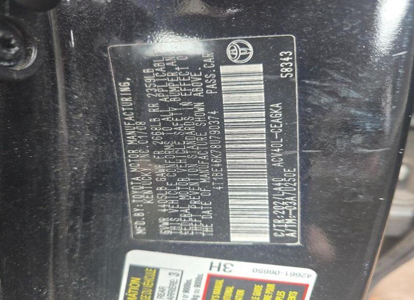 Photo 9 of 2008 Toyota Camry XLE (VIN 4T1BE46K78U790374)