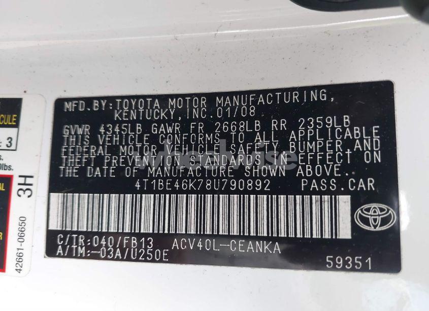 Photo 9 of 2008 Toyota Camry LE (VIN 4T1BE46K78U790892)