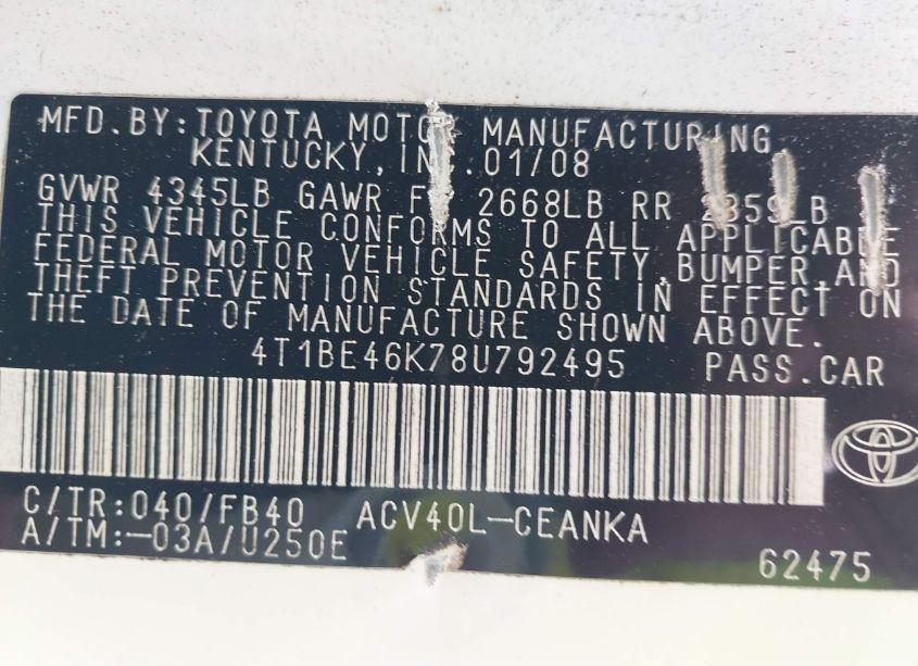 Photo 9 of 2008 Toyota Camry (VIN 4T1BE46K78U792495)