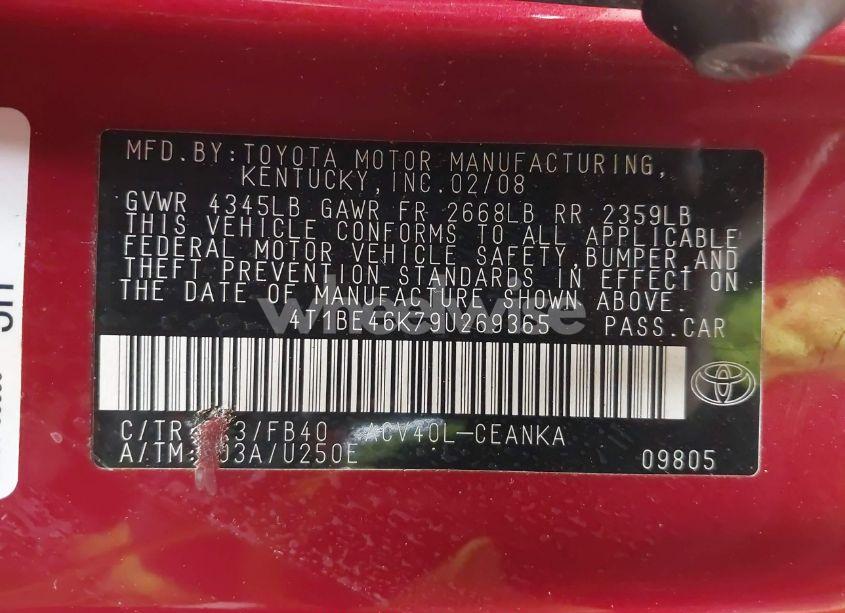 Photo 9 of 2009 Toyota Camry LE (VIN 4T1BE46K79U269365)