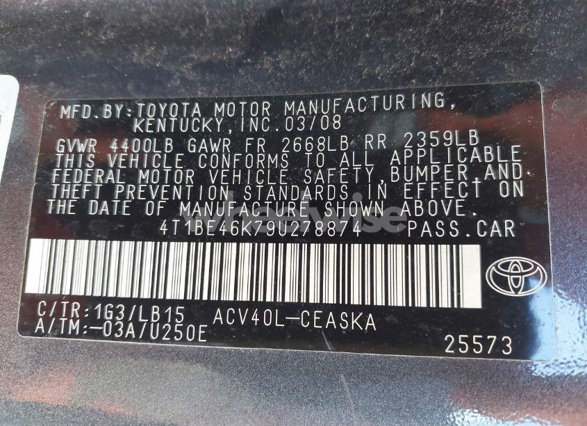 Photo 9 of 2009 Toyota Camry SE (VIN 4T1BE46K79U278874)