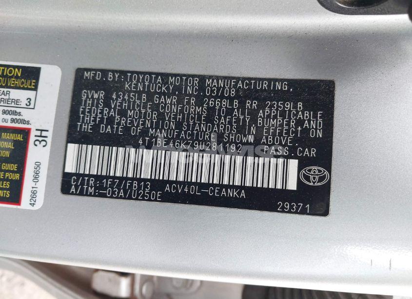 Photo 9 of 2009 Toyota Camry LE (VIN 4T1BE46K79U281192)