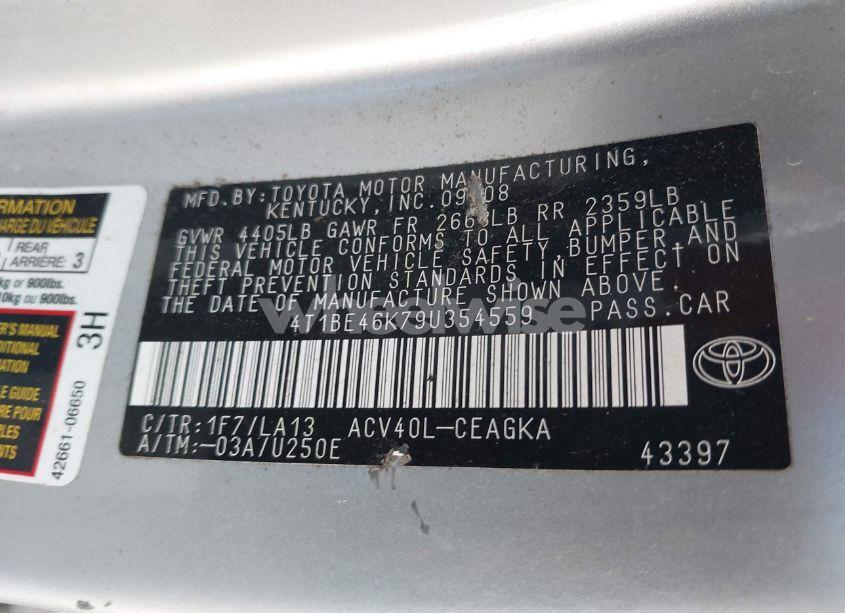 Photo 9 of 2009 Toyota Camry XLE (VIN 4T1BE46K79U354559)