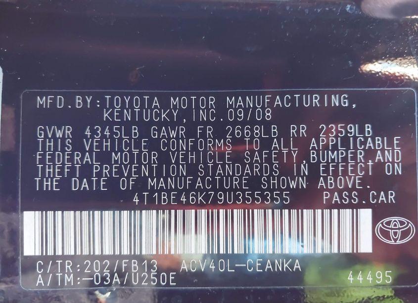 Photo 9 of 2009 Toyota Camry LE (VIN 4T1BE46K79U355355)