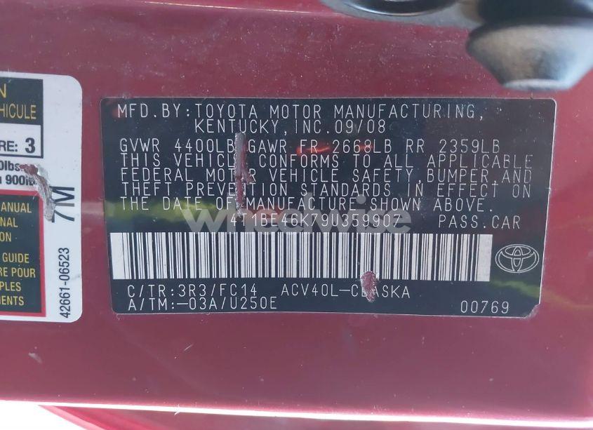 Photo 9 of 2009 Toyota Camry SE (VIN 4T1BE46K79U359907)