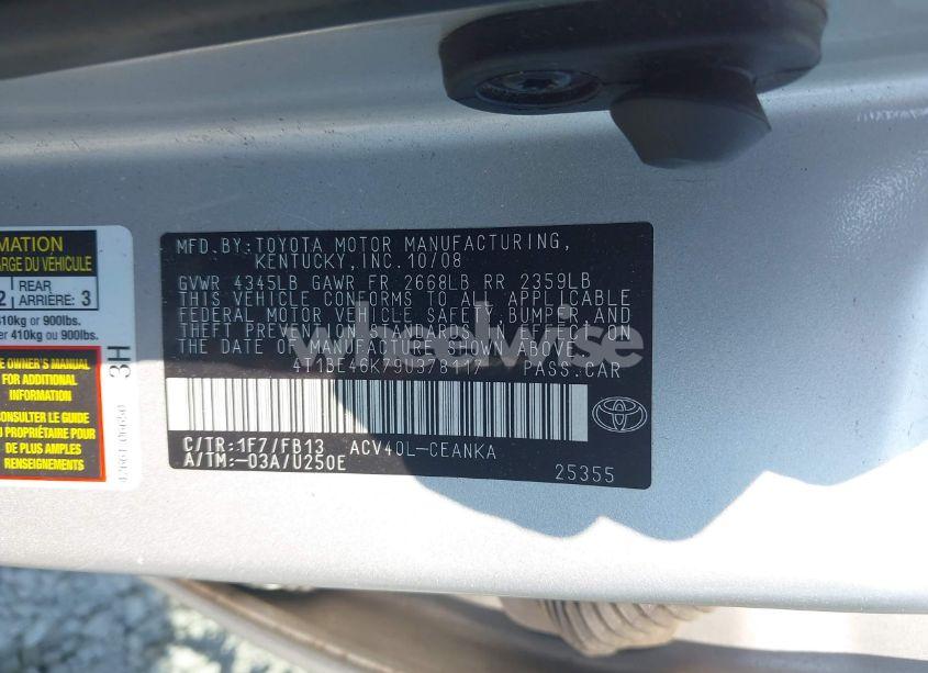 Photo 9 of 2009 Toyota Camry LE (VIN 4T1BE46K79U378117)