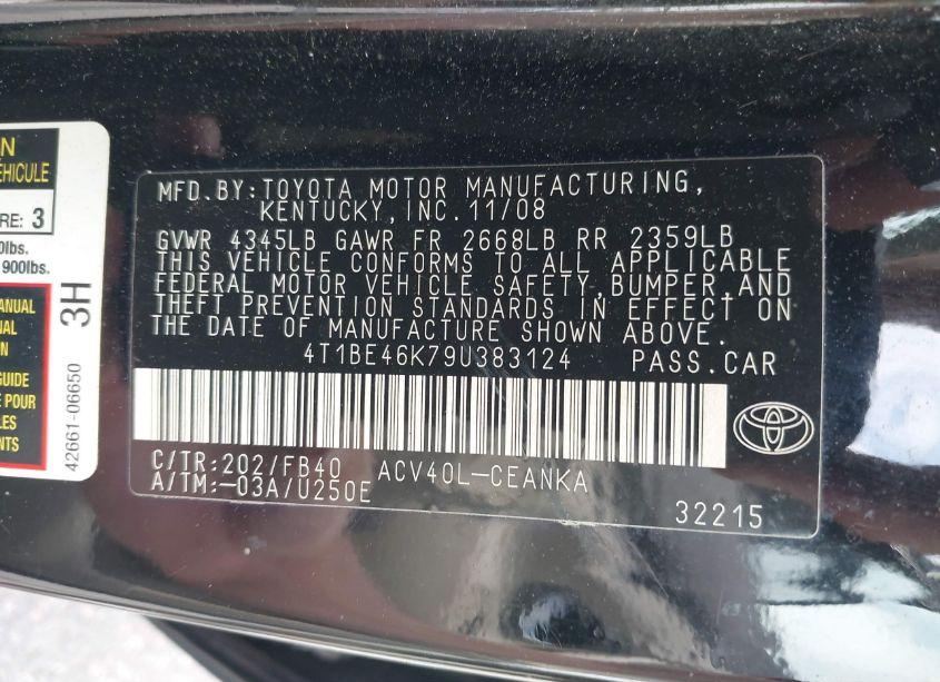 Photo 9 of 2009 Toyota Camry LE (VIN 4T1BE46K79U383124)