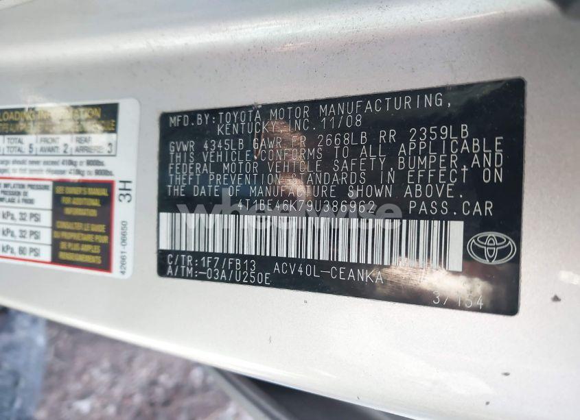 Photo 9 of 2009 Toyota Camry LE (VIN 4T1BE46K79U386962)