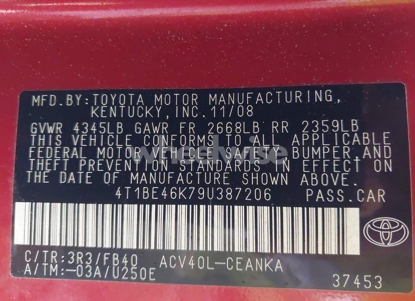 Photo 9 of 2009 Toyota Camry LE (VIN 4T1BE46K79U387206)