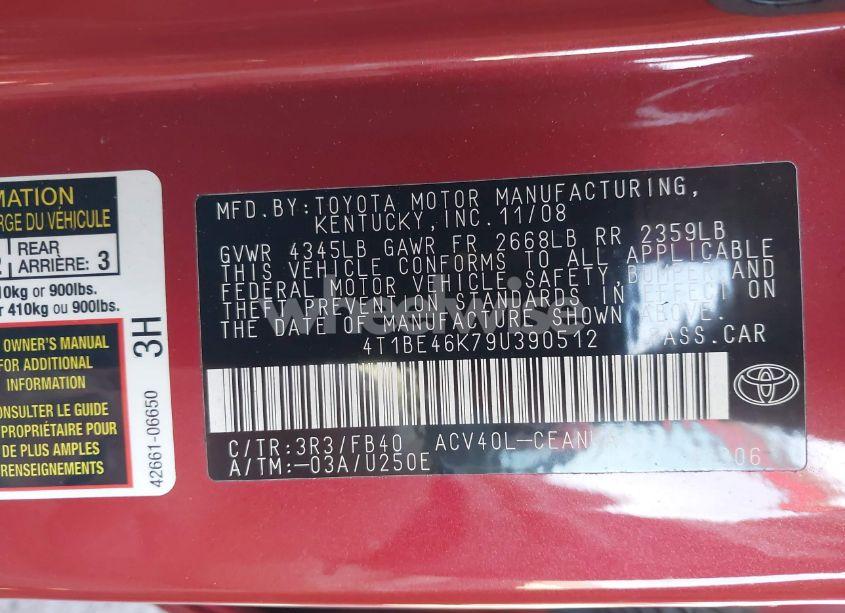 Photo 9 of 2009 Toyota Camry LE (VIN 4T1BE46K79U390512)