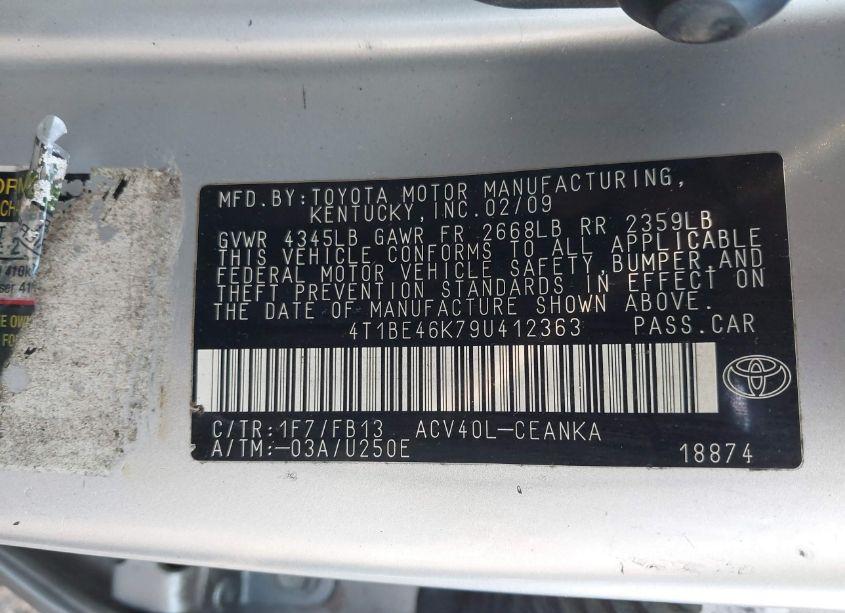 Photo 9 of 2009 Toyota Camry LE (VIN 4T1BE46K79U412363)