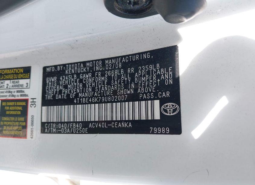 Photo 9 of 2009 Toyota Camry LE (VIN 4T1BE46K79U802007)