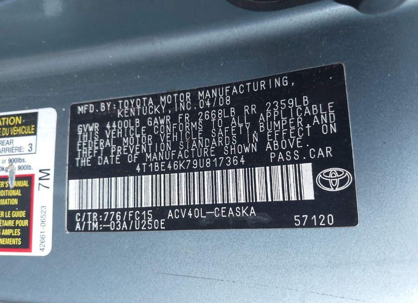 Photo 9 of 2009 Toyota Camry SE (VIN 4T1BE46K79U817364)