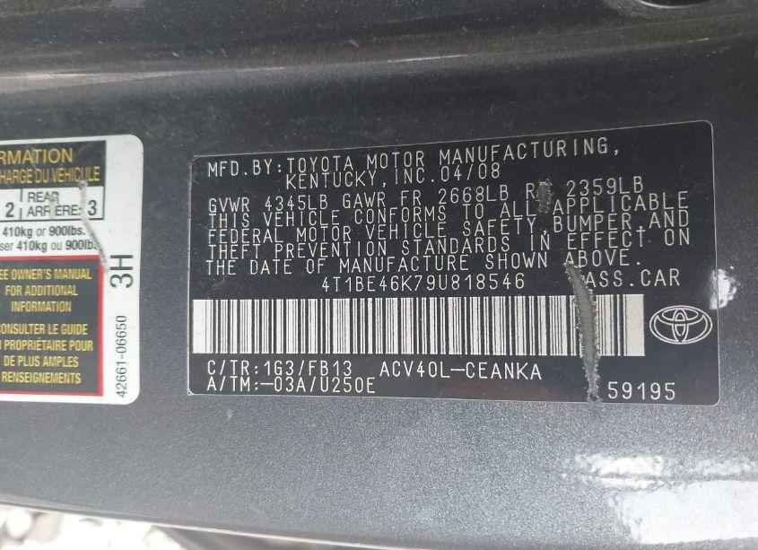 Photo 9 of 2009 Toyota Camry LE (VIN 4T1BE46K79U818546)