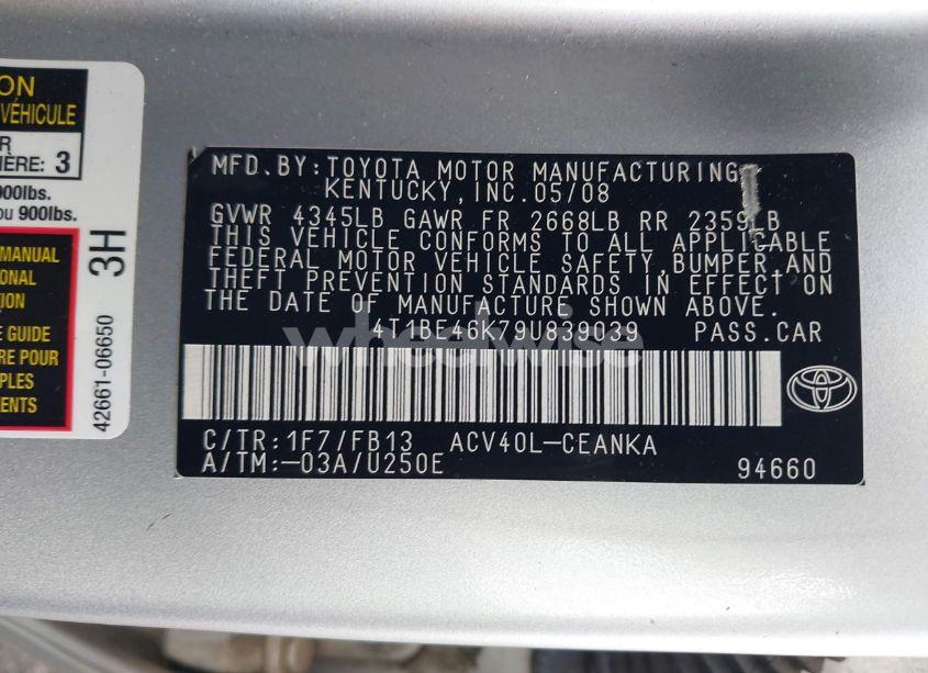 Photo 9 of 2009 Toyota Camry LE (VIN 4T1BE46K79U839039)