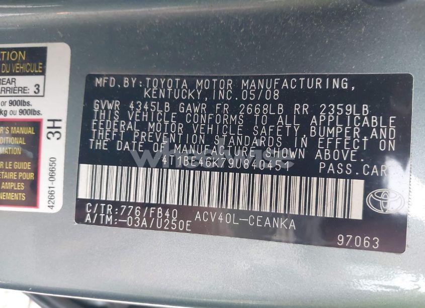 Photo 9 of 2009 Toyota Camry LE (VIN 4T1BE46K79U840451)