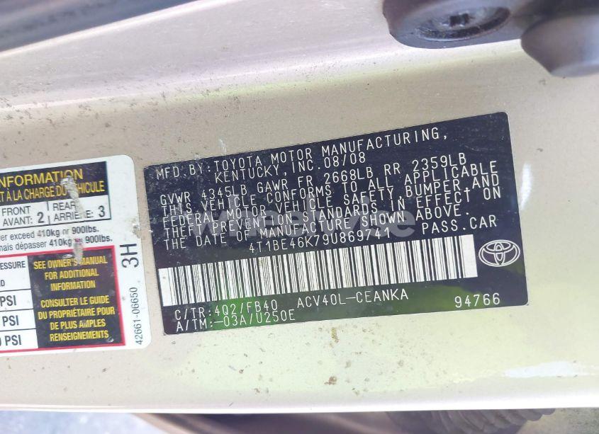 Photo 9 of 2009 Toyota Camry LE (VIN 4T1BE46K79U869741)