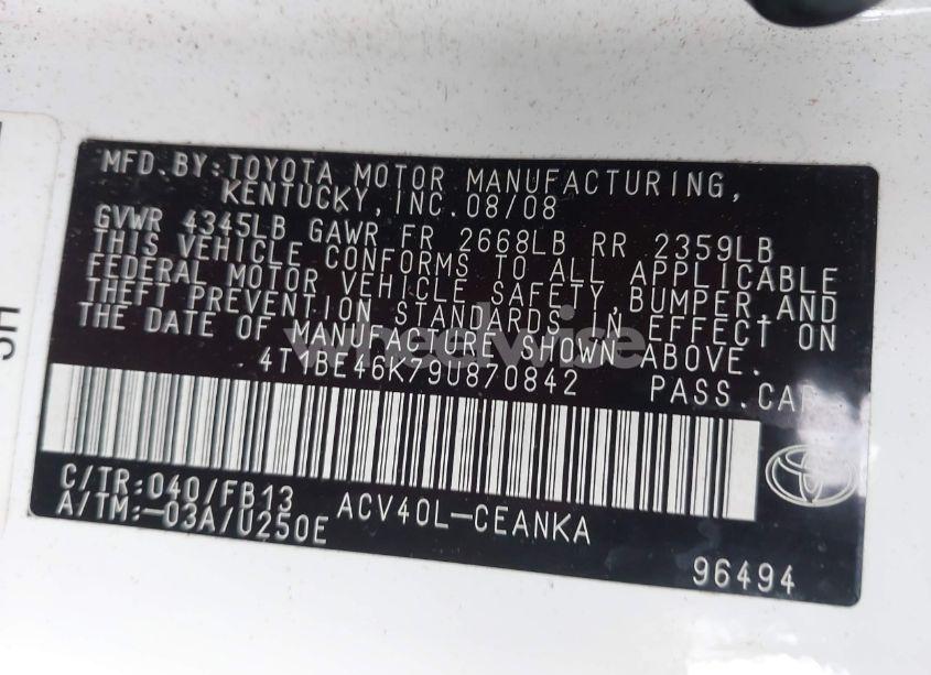 Photo 9 of 2009 Toyota Camry LE (VIN 4T1BE46K79U870842)