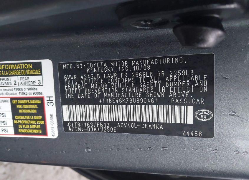 Photo 9 of 2009 Toyota Camry LE (VIN 4T1BE46K79U890461)