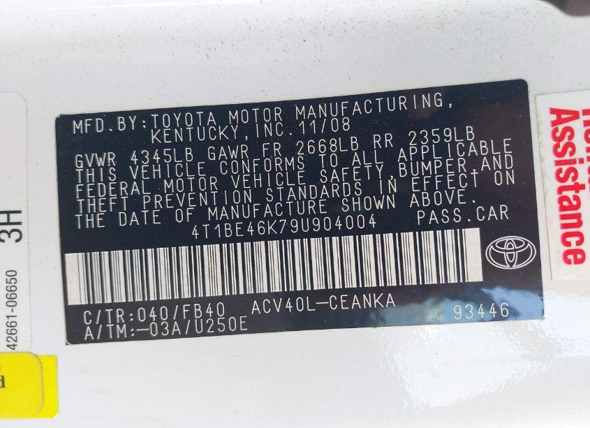 Photo 9 of 2009 Toyota Camry SE/LE/XLE (VIN 4T1BE46K79U904004)