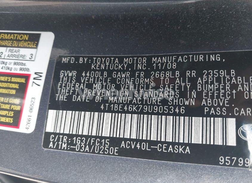 Photo 9 of 2009 Toyota Camry SE (VIN 4T1BE46K79U905346)