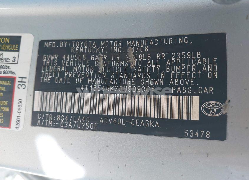 Photo 9 of 2009 Toyota Camry XLE (VIN 4T1BE46K79U909364)