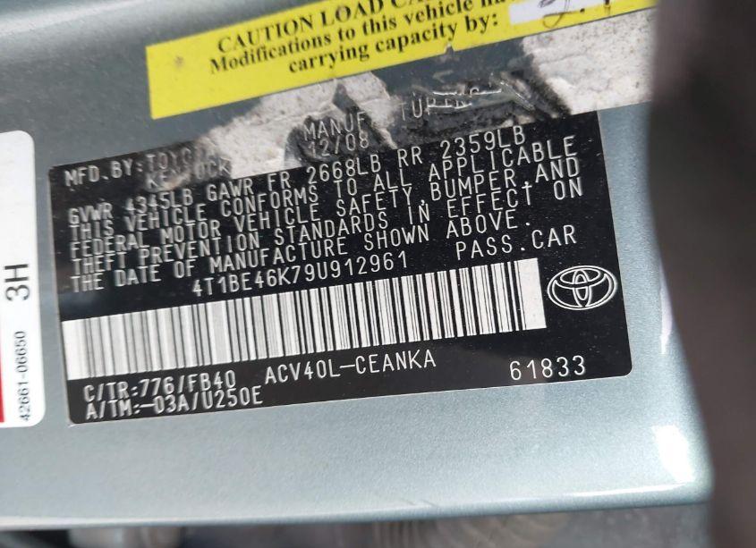 Photo 9 of 2009 Toyota Camry LE (VIN 4T1BE46K79U912961)