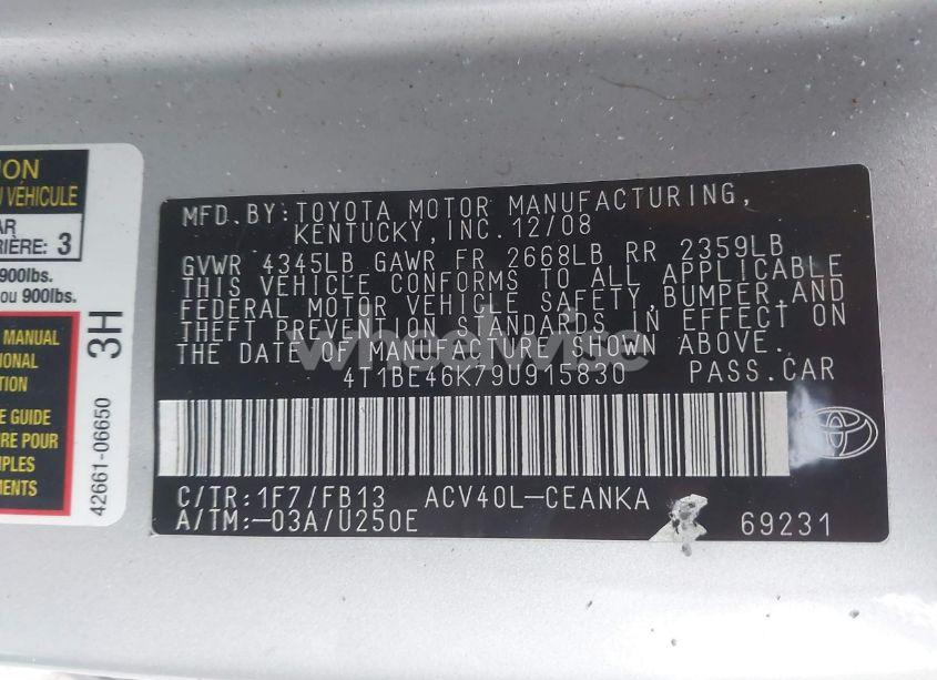 Photo 9 of 2009 Toyota Camry LE (VIN 4T1BE46K79U915830)