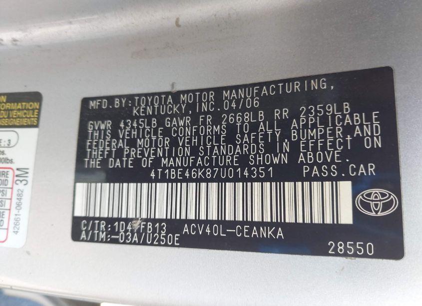 Photo 9 of 2007 Toyota Camry LE (VIN 4T1BE46K87U014351)