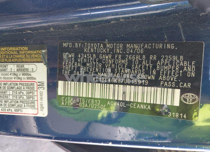 Photo 9 of 2007 Toyota Camry LE (VIN 4T1BE46K87U015919)