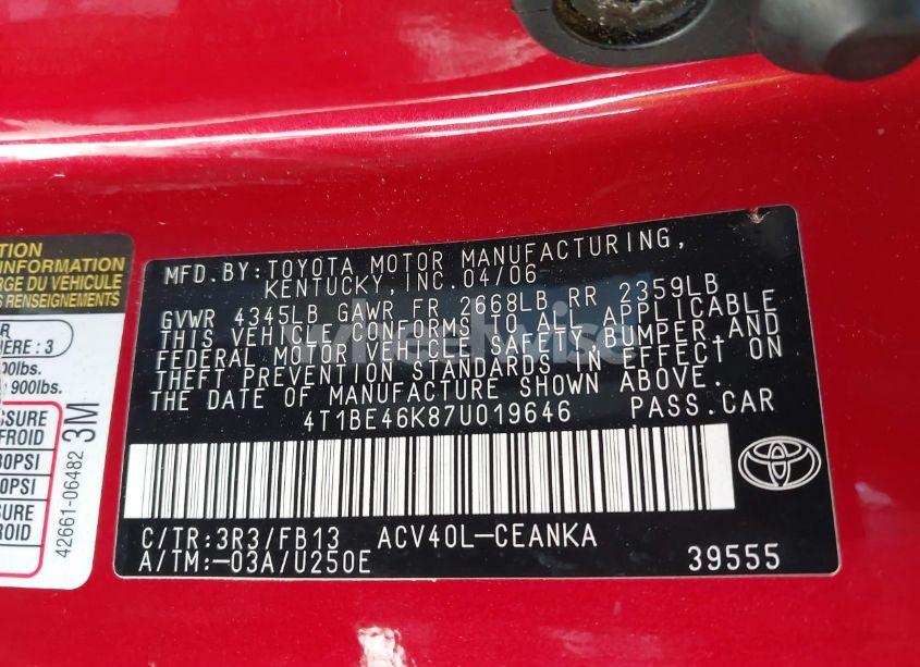 Photo 9 of 2007 Toyota Camry LE (VIN 4T1BE46K87U019646)