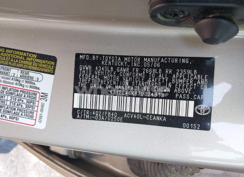 Photo 9 of 2007 Toyota Camry LE (VIN 4T1BE46K87U024913)