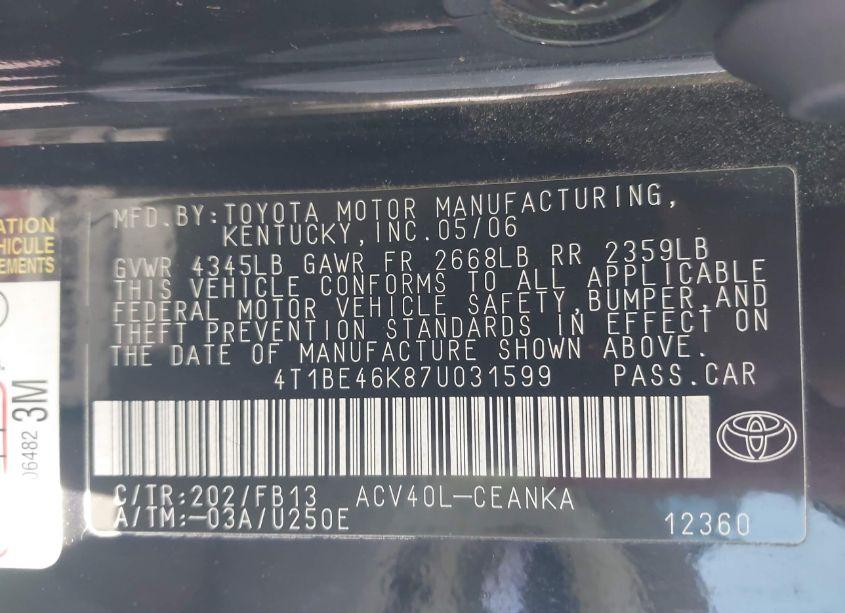Photo 9 of 2007 Toyota Camry LE (VIN 4T1BE46K87U031599)