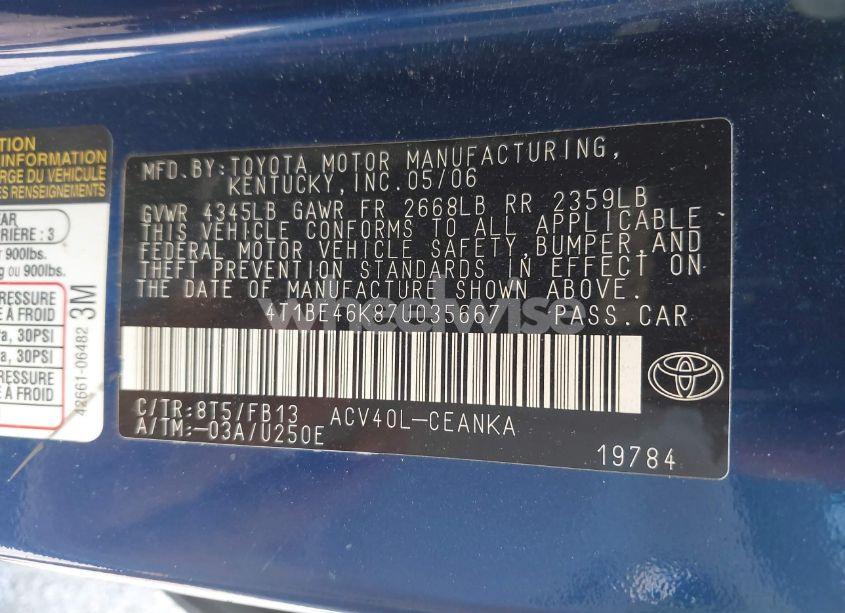 Photo 9 of 2007 Toyota Camry LE (VIN 4T1BE46K87U035667)