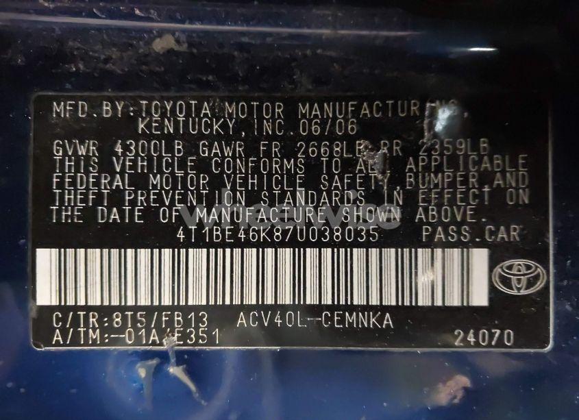 Photo 9 of 2007 Toyota Camry CE (VIN 4T1BE46K87U038035)