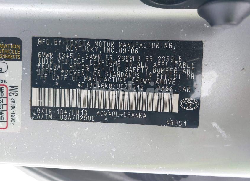 Photo 9 of 2007 Toyota Camry LE (VIN 4T1BE46K87U076316)